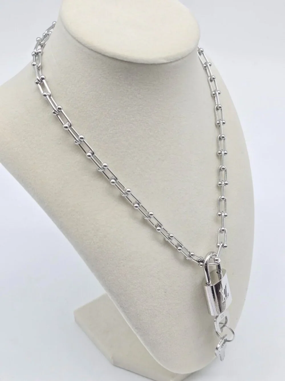 Stainless Steel Horse Shoe Chain with Authentic Louis Vuitton Silver Padlock